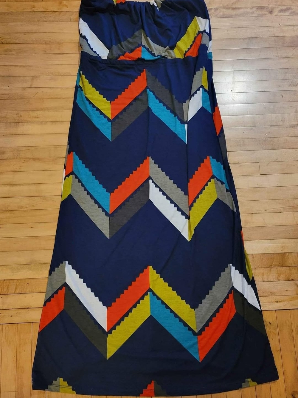 Womans Navy Chevron Maxi Strapless Dress with Multicolor Accents Size Medium